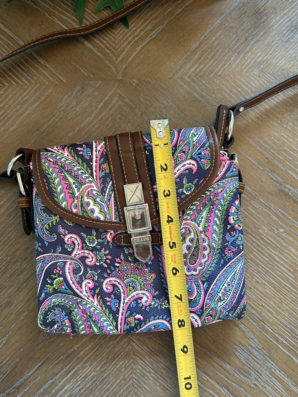 Chaps Brown Strap Paisley Crossbody with Pink, Blue & Green Accents - Picture 9 of 9